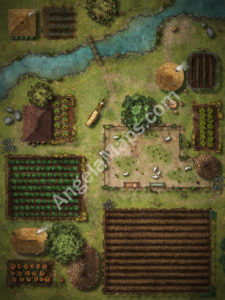 Farm country battle map with farm land by a river