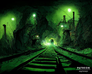 A mine with an eerie green glow. Art to accompany the free battle map.