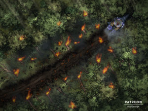 Space ship crashed in a forest battle map for TTRPGs