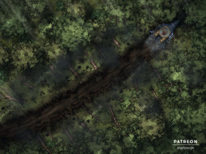 Space ship crashed in a forest battle map for TTRPGs