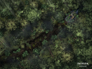 Space ship crashed in a forest long ago battle map for TTRPGs