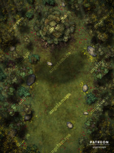 Large tree by a clearing in a dark forest with magical stones battle map