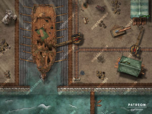 Destroyed ship being repaired at a dry dock. Battle map for TTRPGs