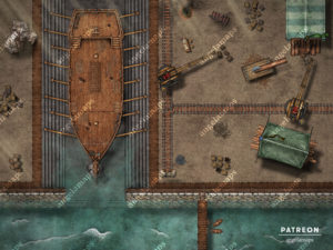 Repaired ship at a dry dock. Battle map for TTRPGs