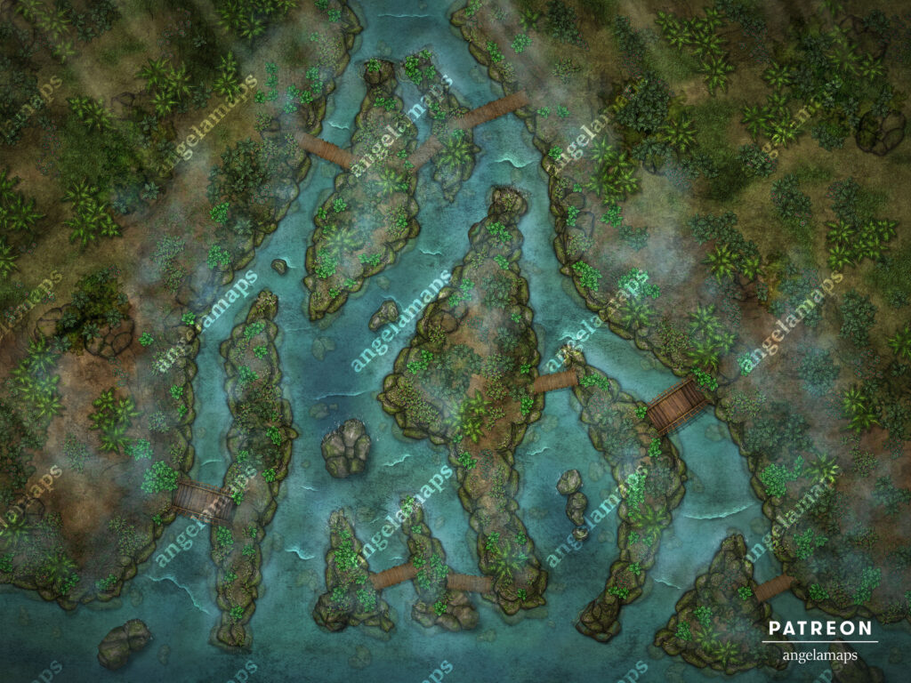 River delta with bridges battle map for TTRPGs