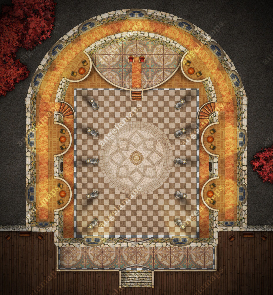 Bright Ballroom battle map with stage setup for a band to play. For TTRPGs