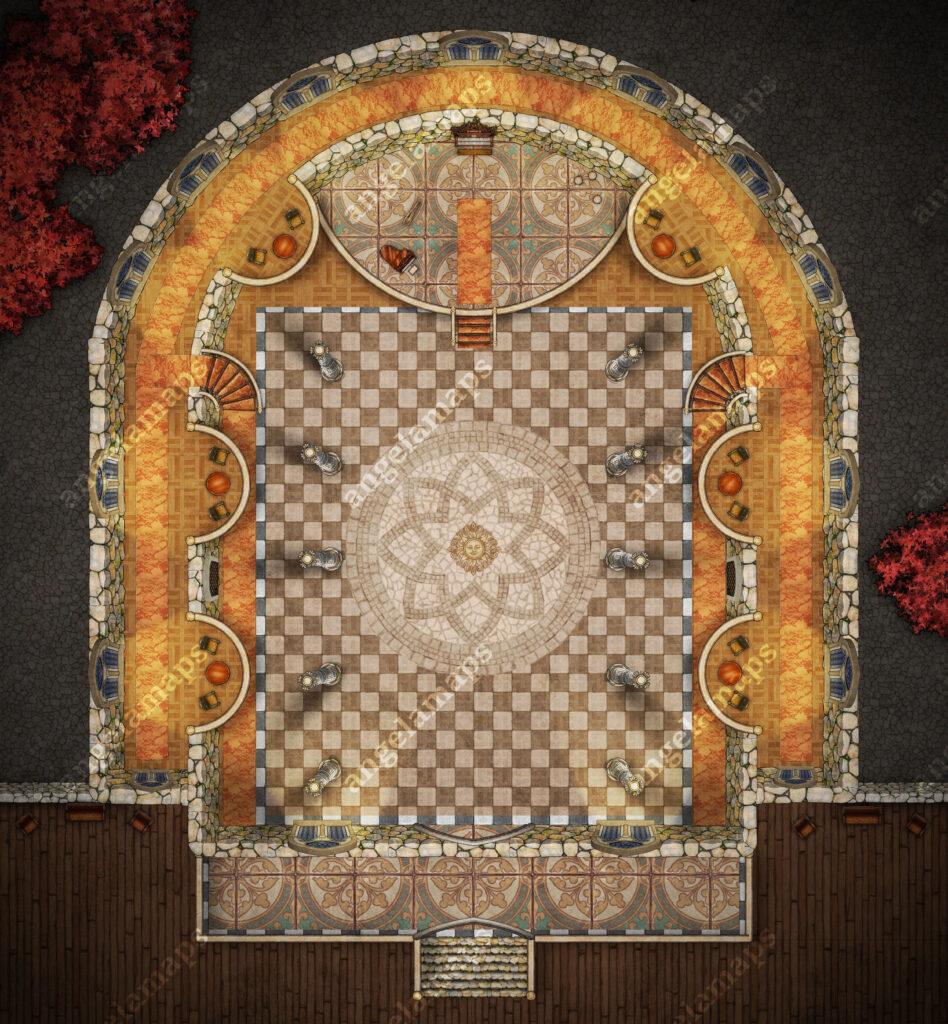 Bright Ballroom battle map with stage setup for a band to play. For TTRPGs