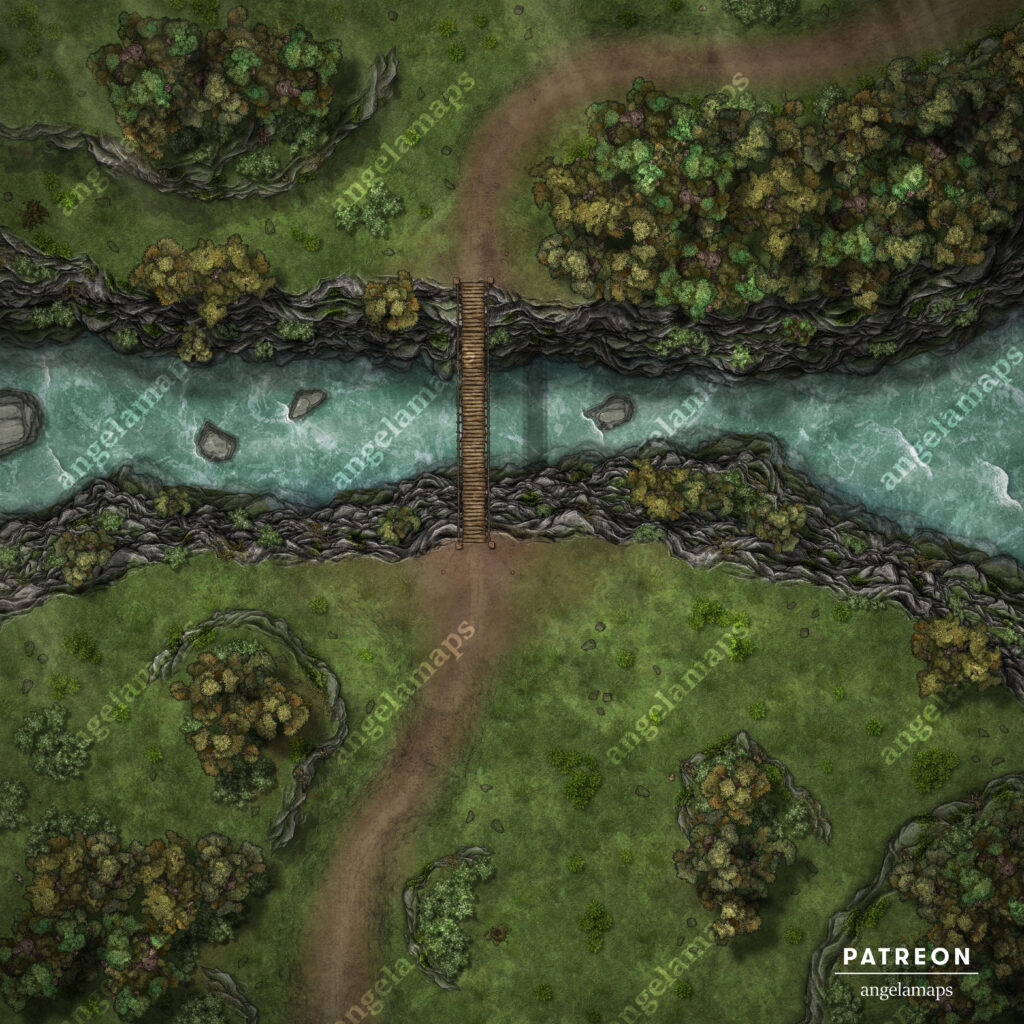 Old rope bridge over a river battle map for D&D