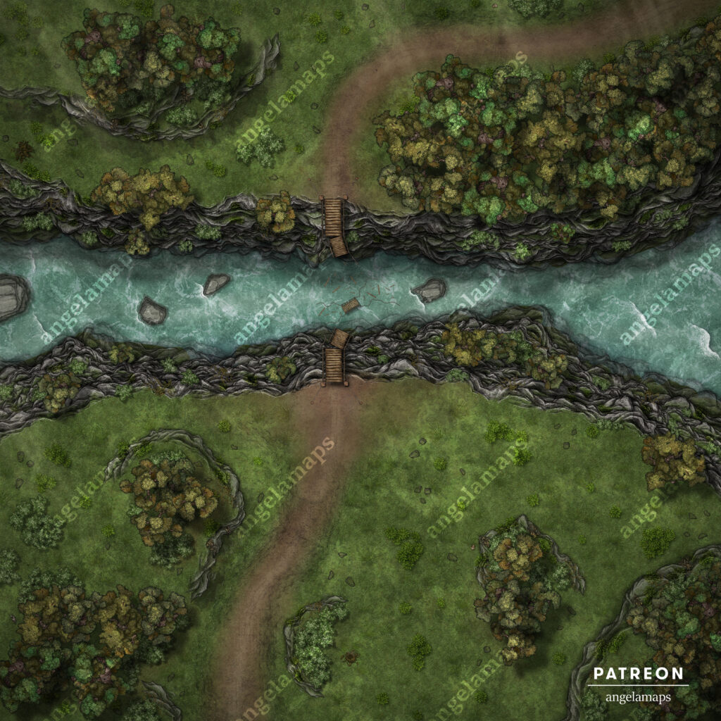 Broken rope bridge over a river battle map animated for FVTT