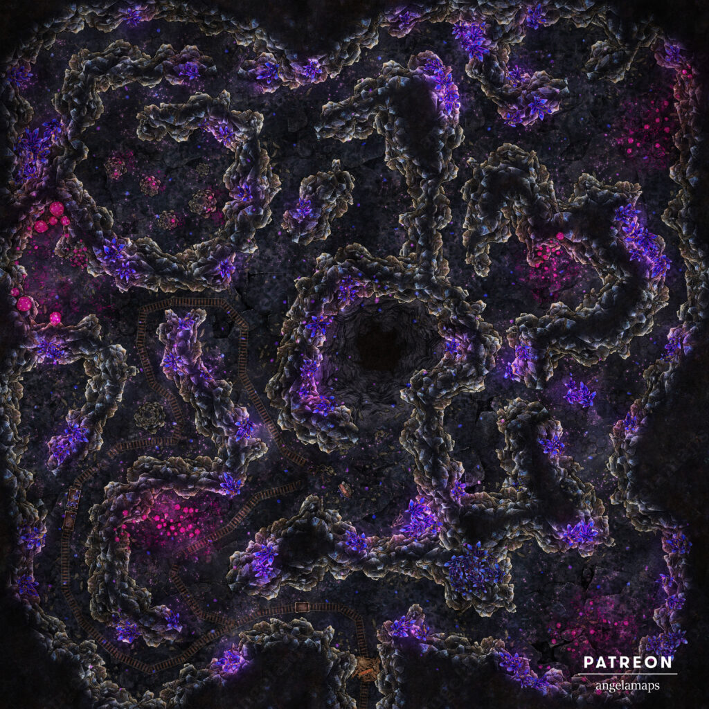 Colorful cave with glowing gems and mushrooms battle map setup for FVTT for all TTRPGs (mining cart tracks version)