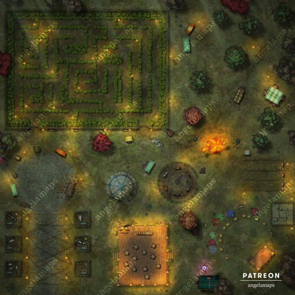 Night version of the pumpkin harvest festival battle map for D&D