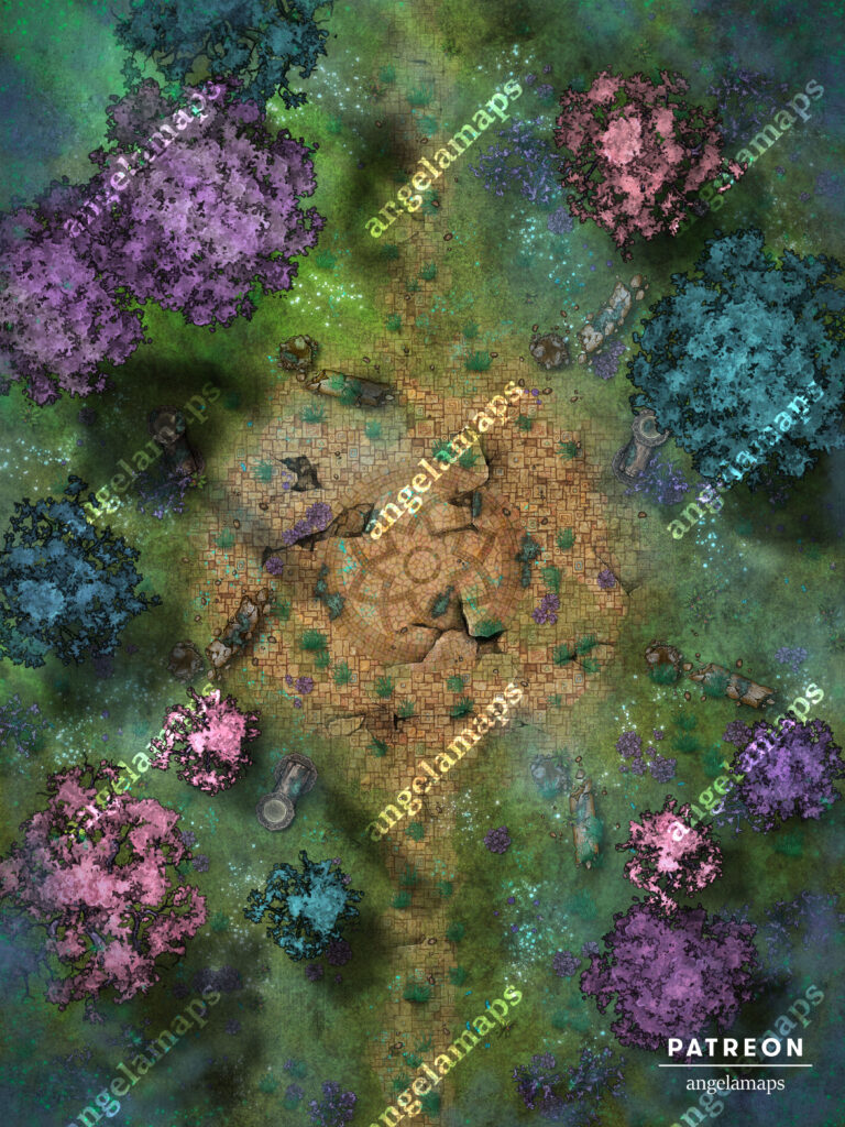 Mysterious ruins animated battle map pack (fey variant) setup for FVTT