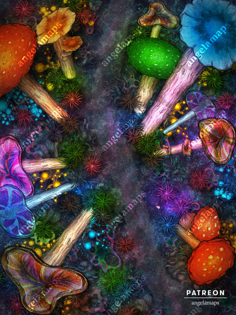 Colorful psychedelic mushrooms, overgrown in a giant underdark mushroom forest battle map