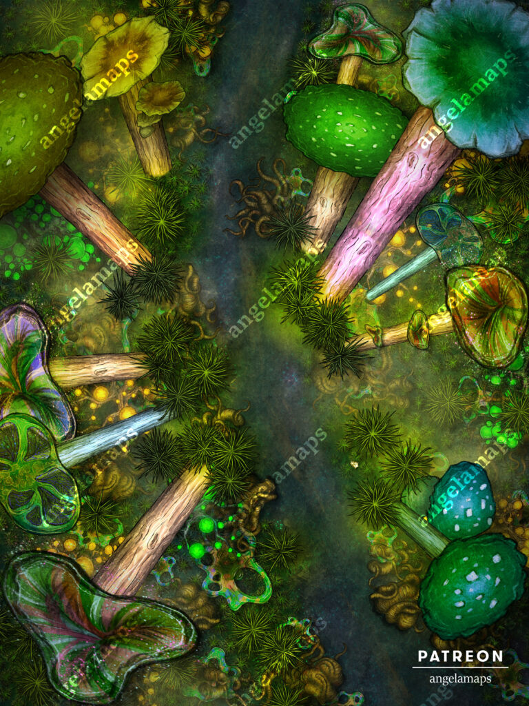 Green toxic mushrooms, overgrown in a giant underdark mushroom forest battle map