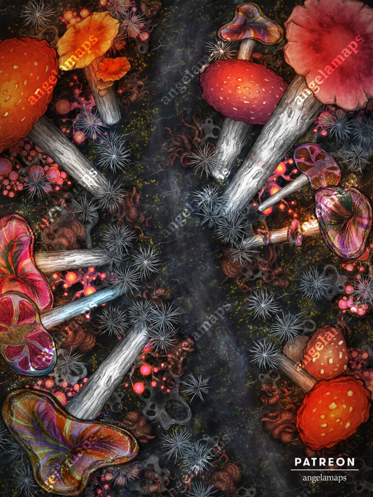 Classic red and white mushrooms, overgrown in a giant underdark mushroom forest battle map