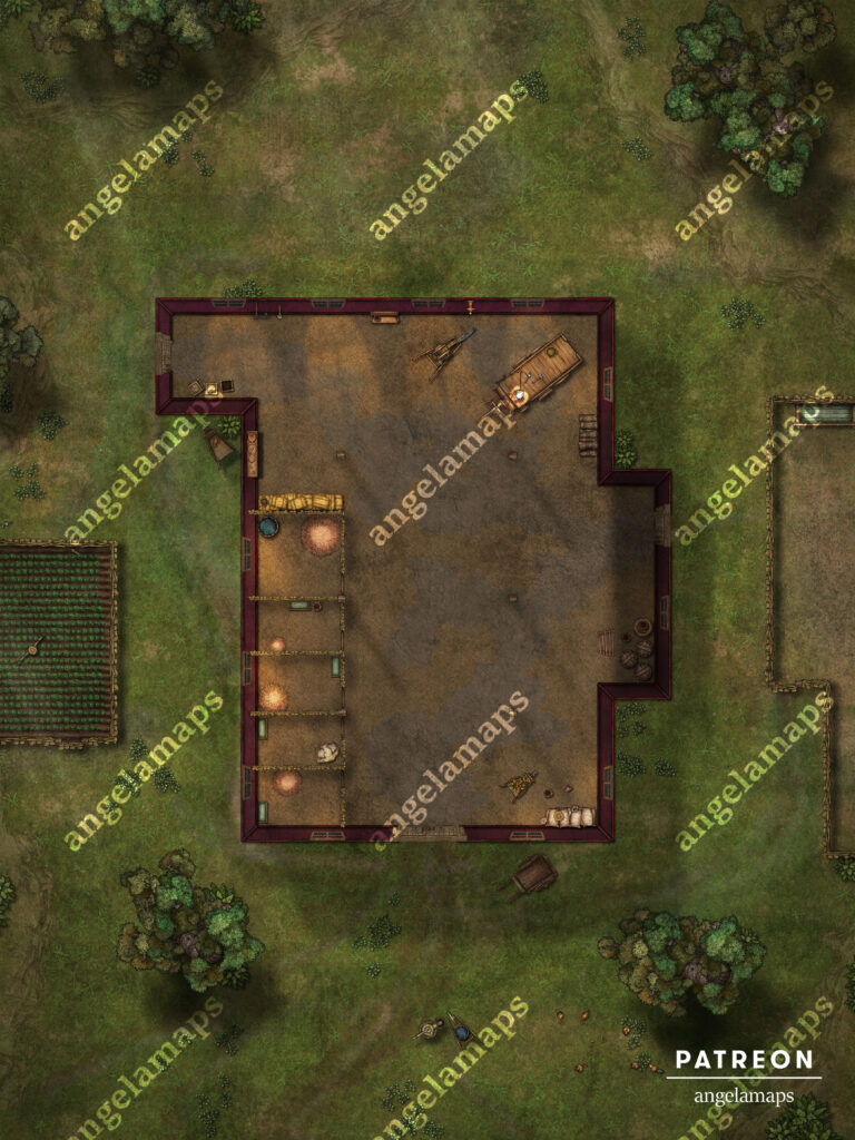 Barn battle map from Angela Maps for TTRPGs