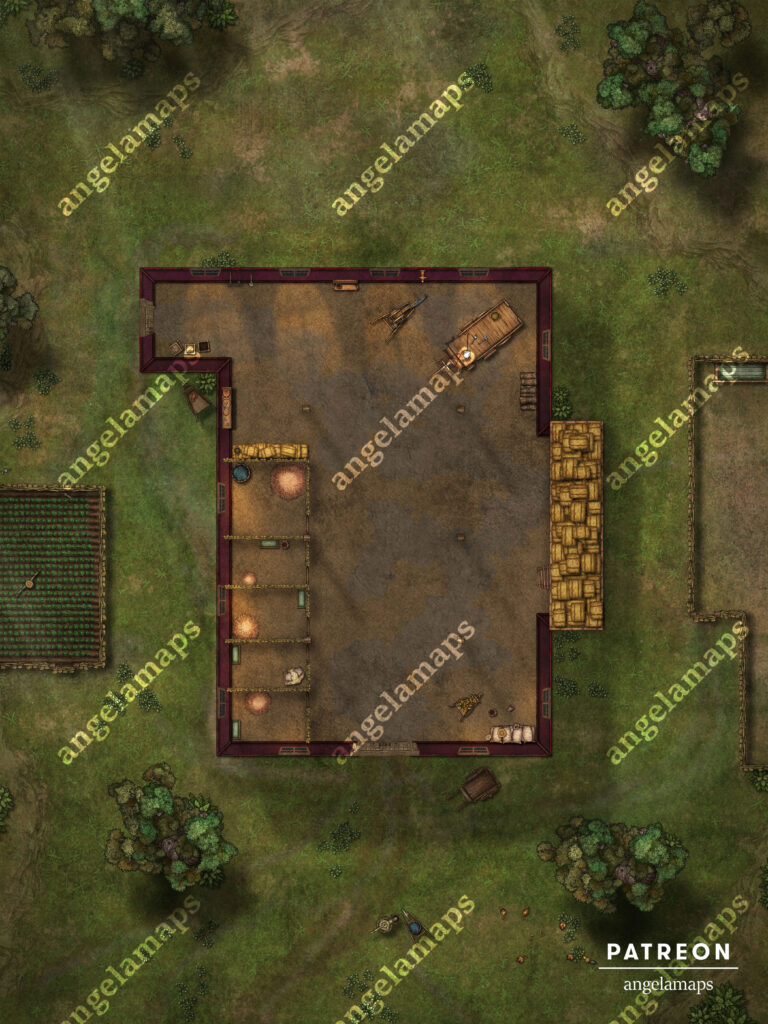 Barn battle map from Angela Maps for TTRPGs