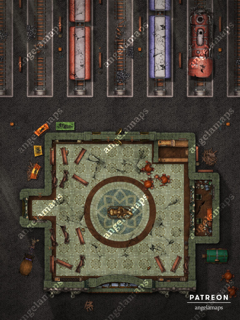 Central Railway - train station battle map, destroyed version. For ttrpgs, maybe ebberon?