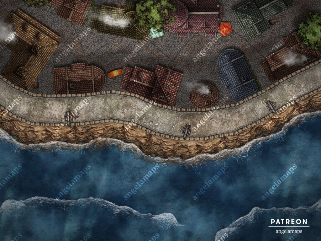 Seaside village with defense wall and cannons battle map for TTRPGs