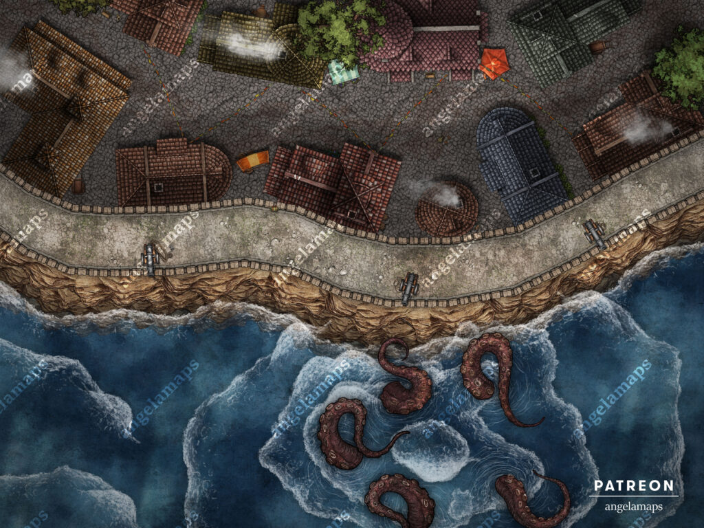 Seaside village with defense wall and cannons, sea monster attacking, battle map for TTRPGs